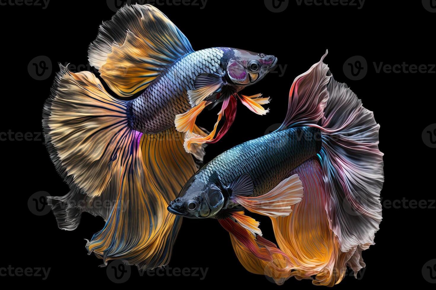 Beautiful colorful gold and blue of siamese betta fish in plain dark
