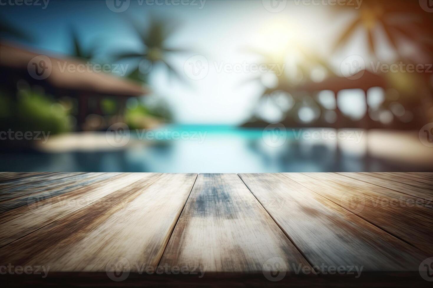 Empty wooden table top blurry resort swimming pool background made with photo