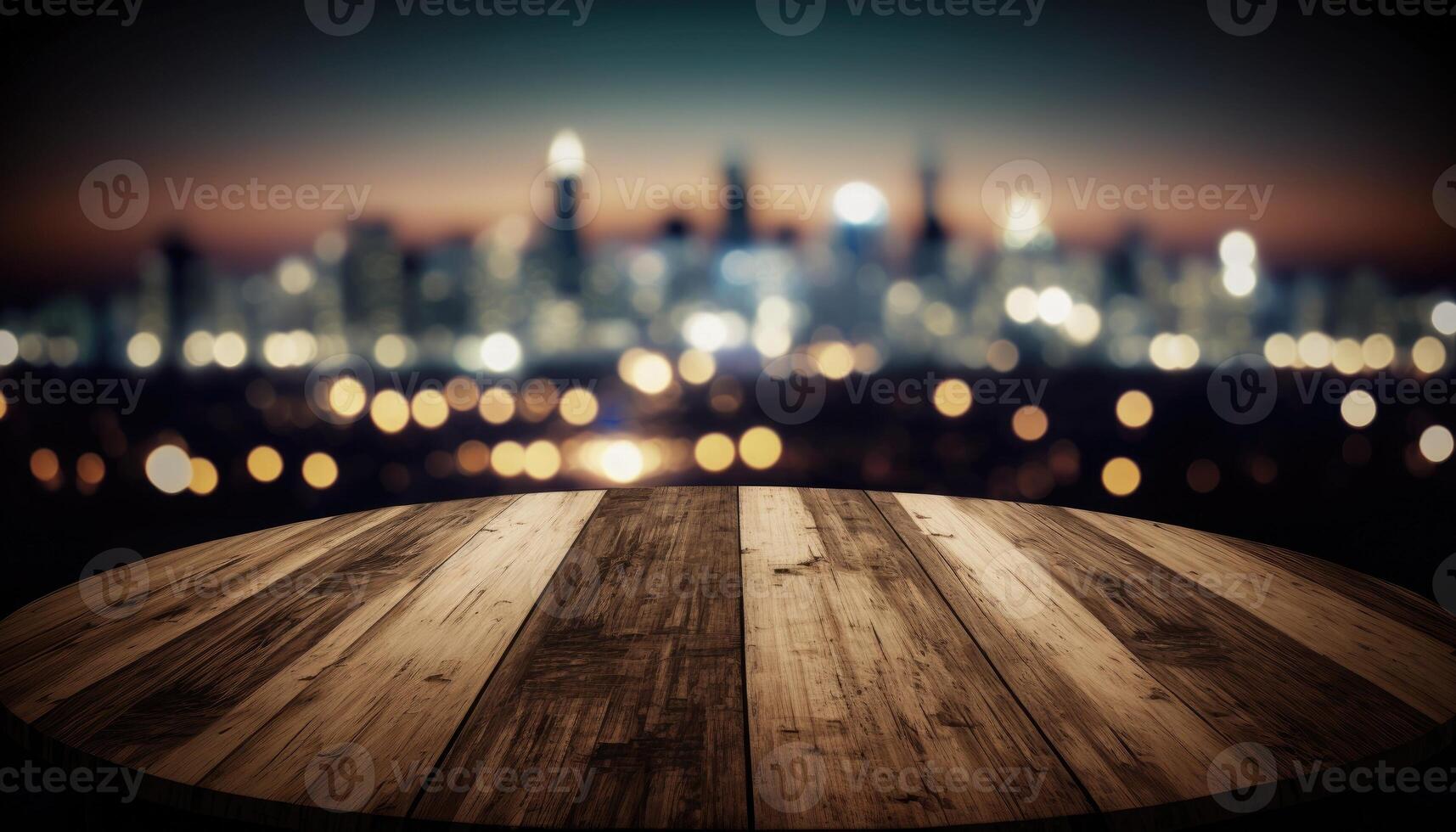 Empty wooden table top above city light blurry background made with photo