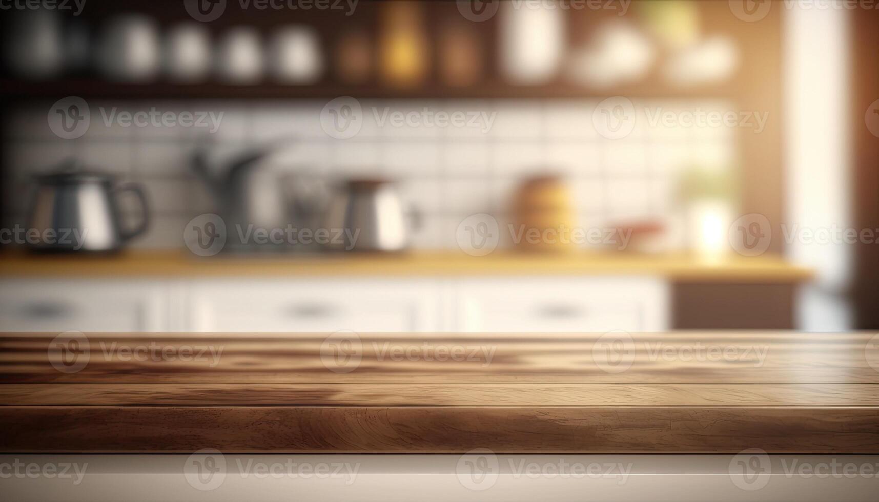 Empty wooden top table blurry minimalist kitchen background Made with photo