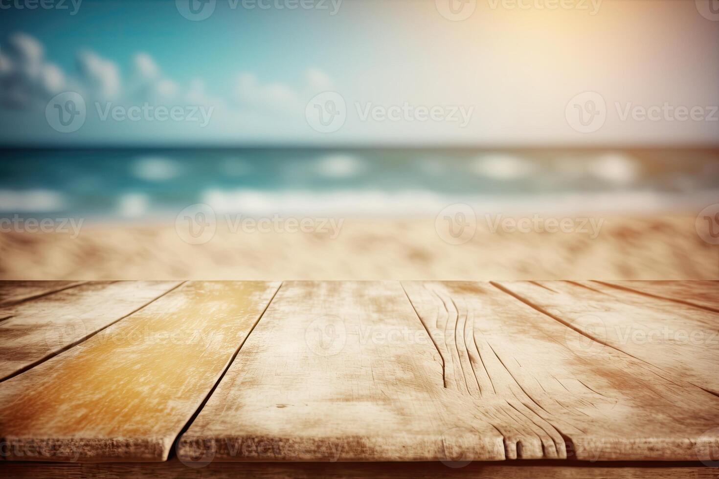 Empty wooden table top blurry beach view background made with photo