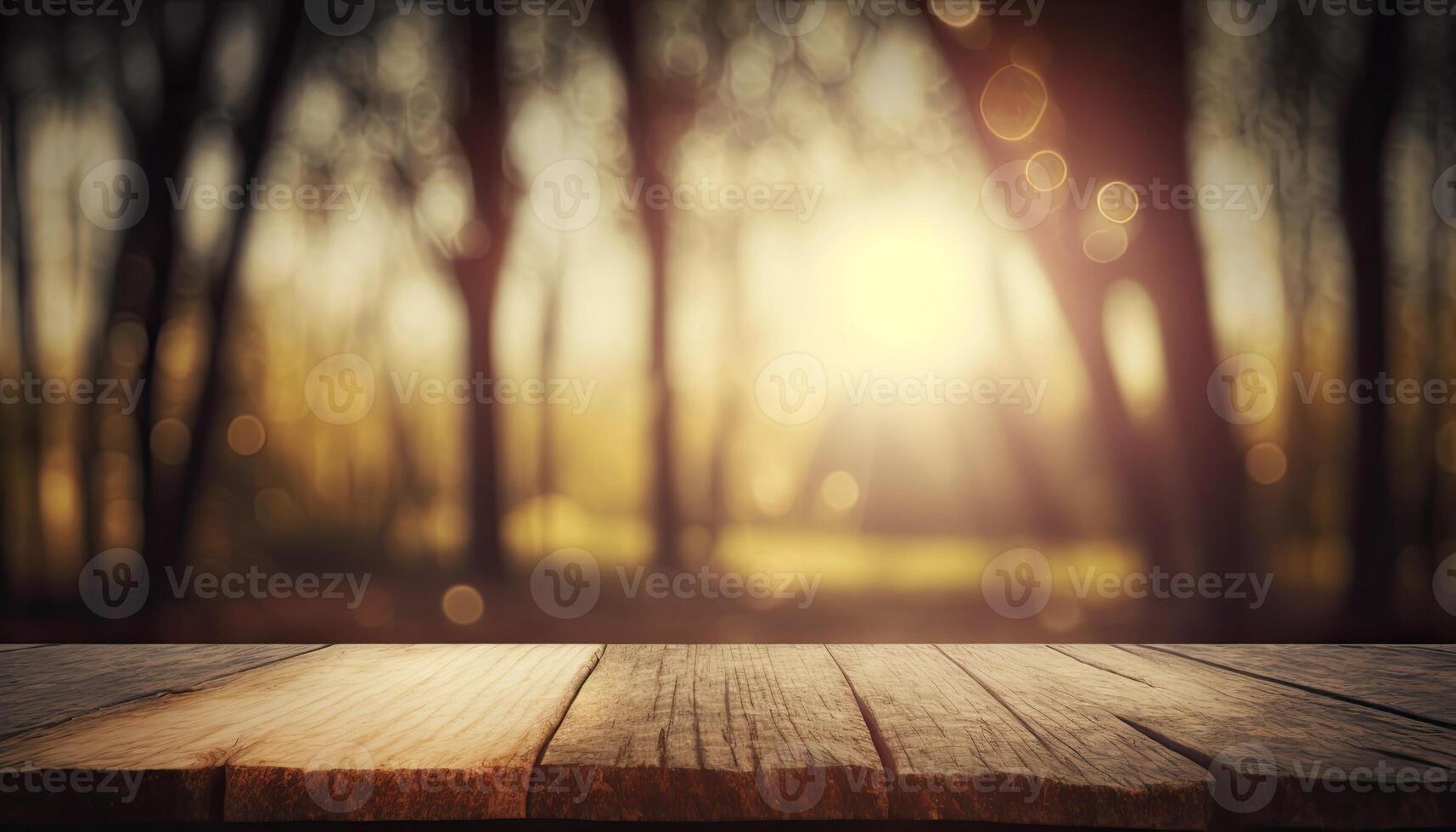 Empty wooden top table blurry trees forest background Made with photo