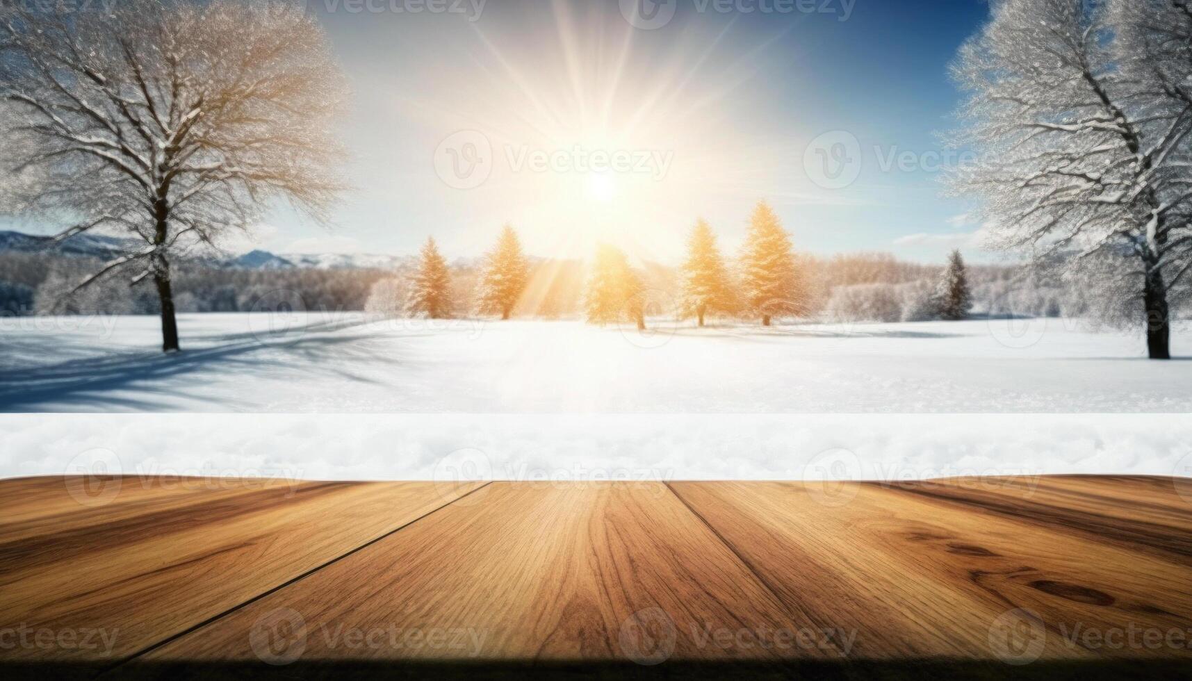 Empty wooden top table blurry snow sunny day background Made with photo