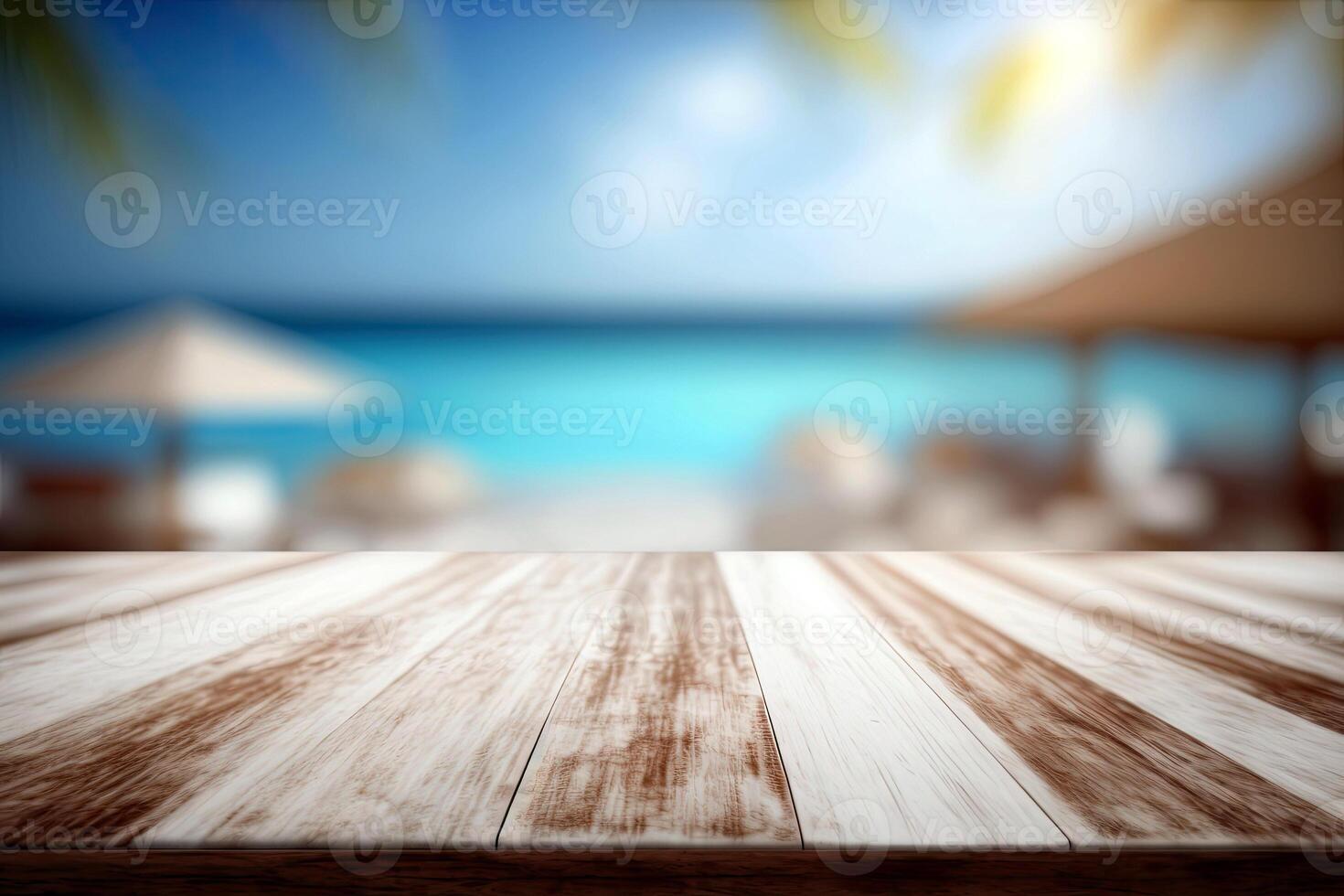 Empty wooden top table blurry beach resort hotel background Made with photo