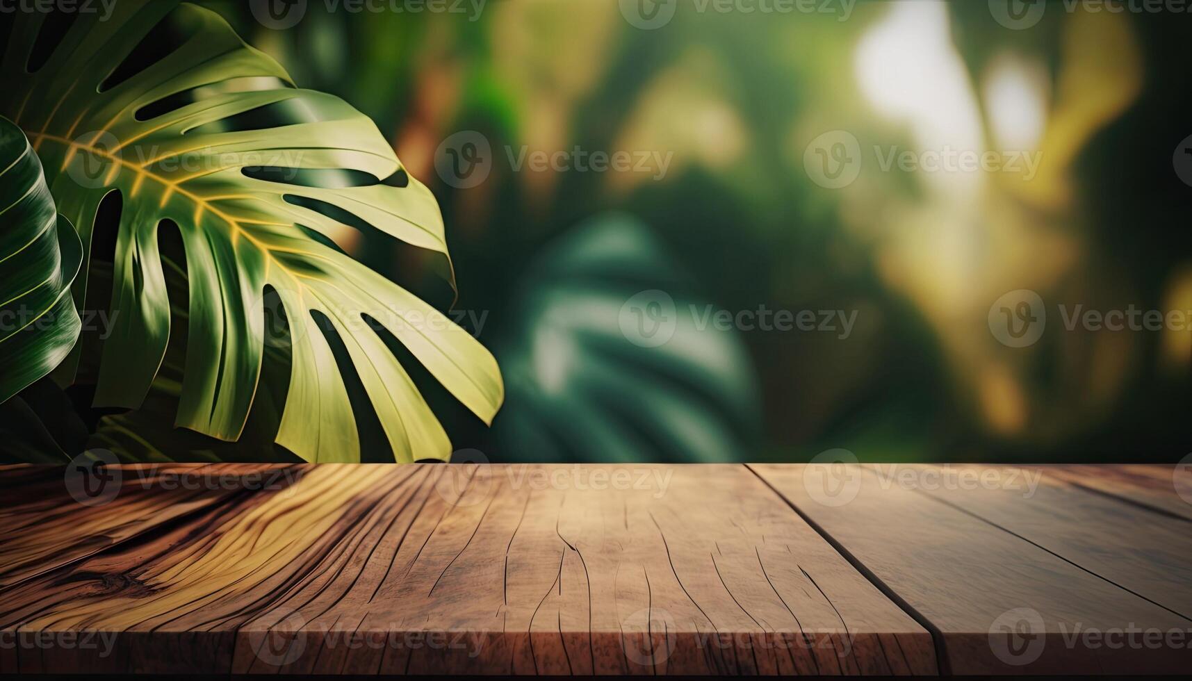 empty wooden table top with a blurry background with tropical plants background photo