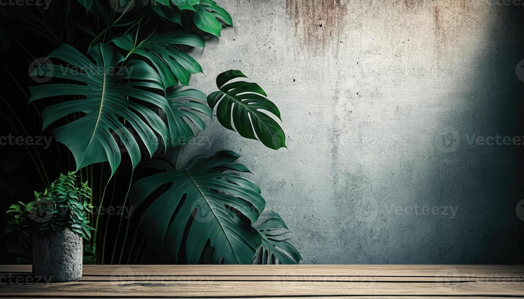 empty wooden table top with a blurry background with tropical plants background photo