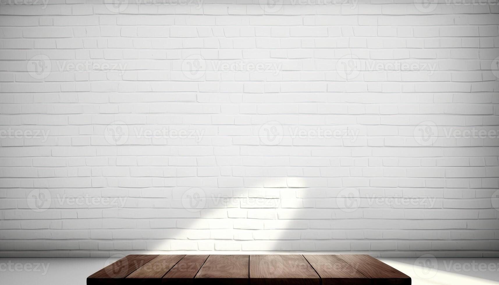 empty wooden table top with a blurry background with white bricks wall background photo