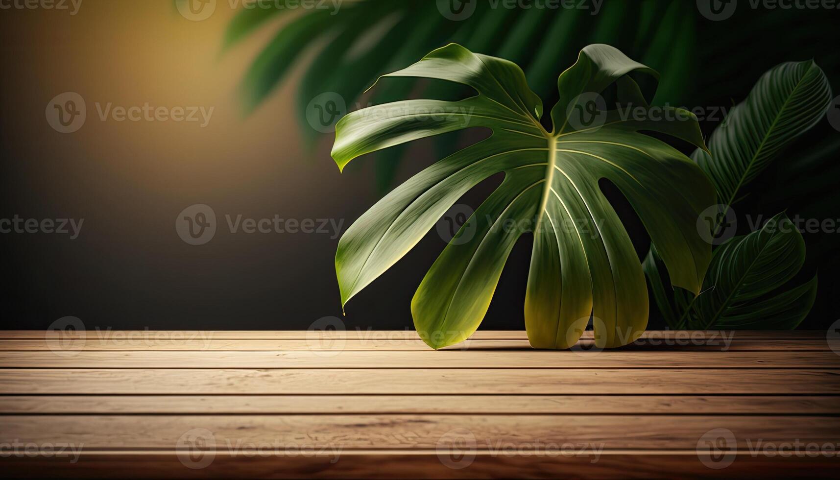 empty wooden table top with a blurry background with tropical plants background photo