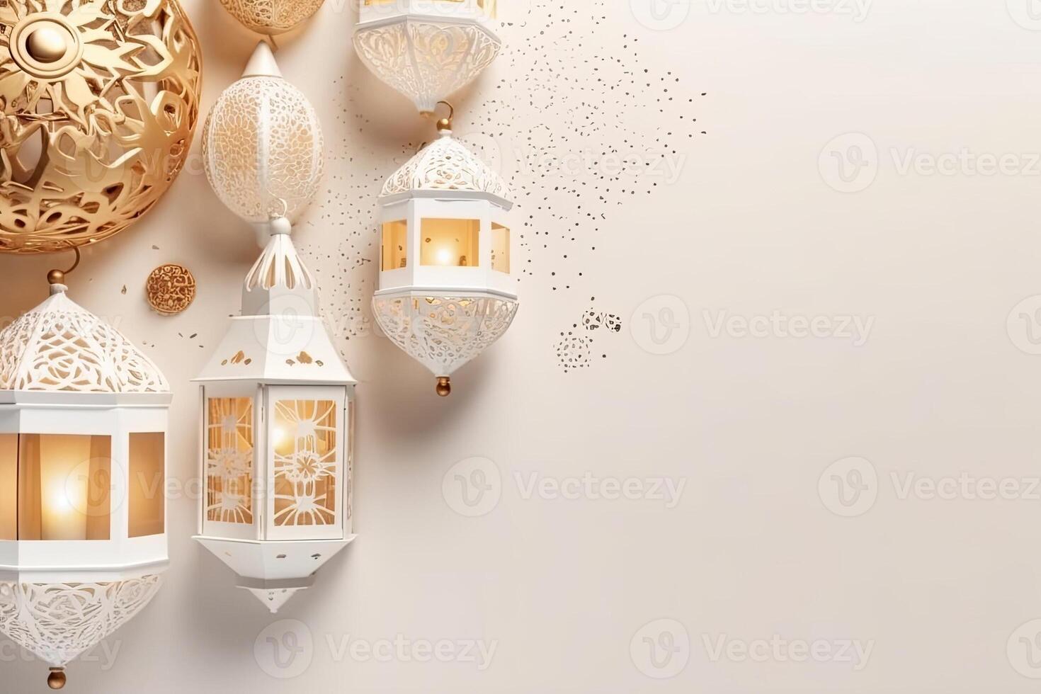 Islamic lantern golden and white luxury shiny ornament ramadan kareem celebration Background photo