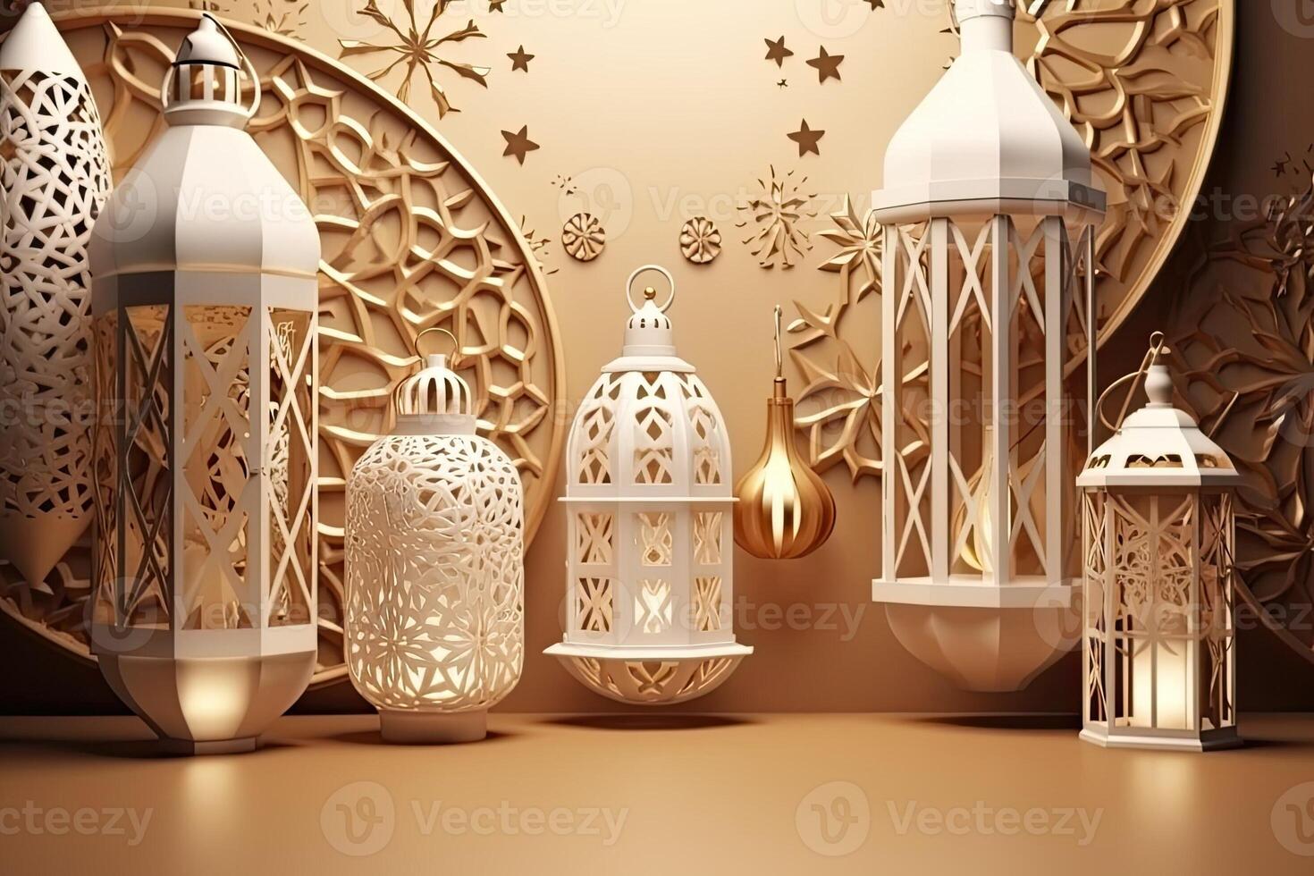 Islamic lantern golden and white luxury shiny ornament ramadan kareem celebration Background photo
