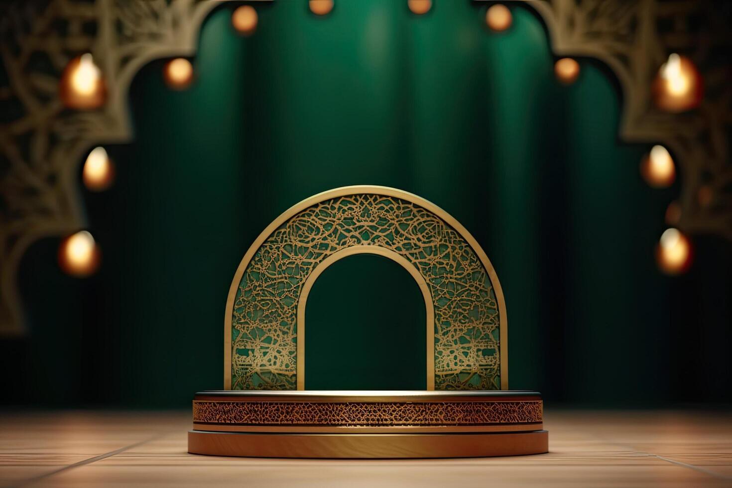 Green and gold islamic ramadan podium stage for product display background photo