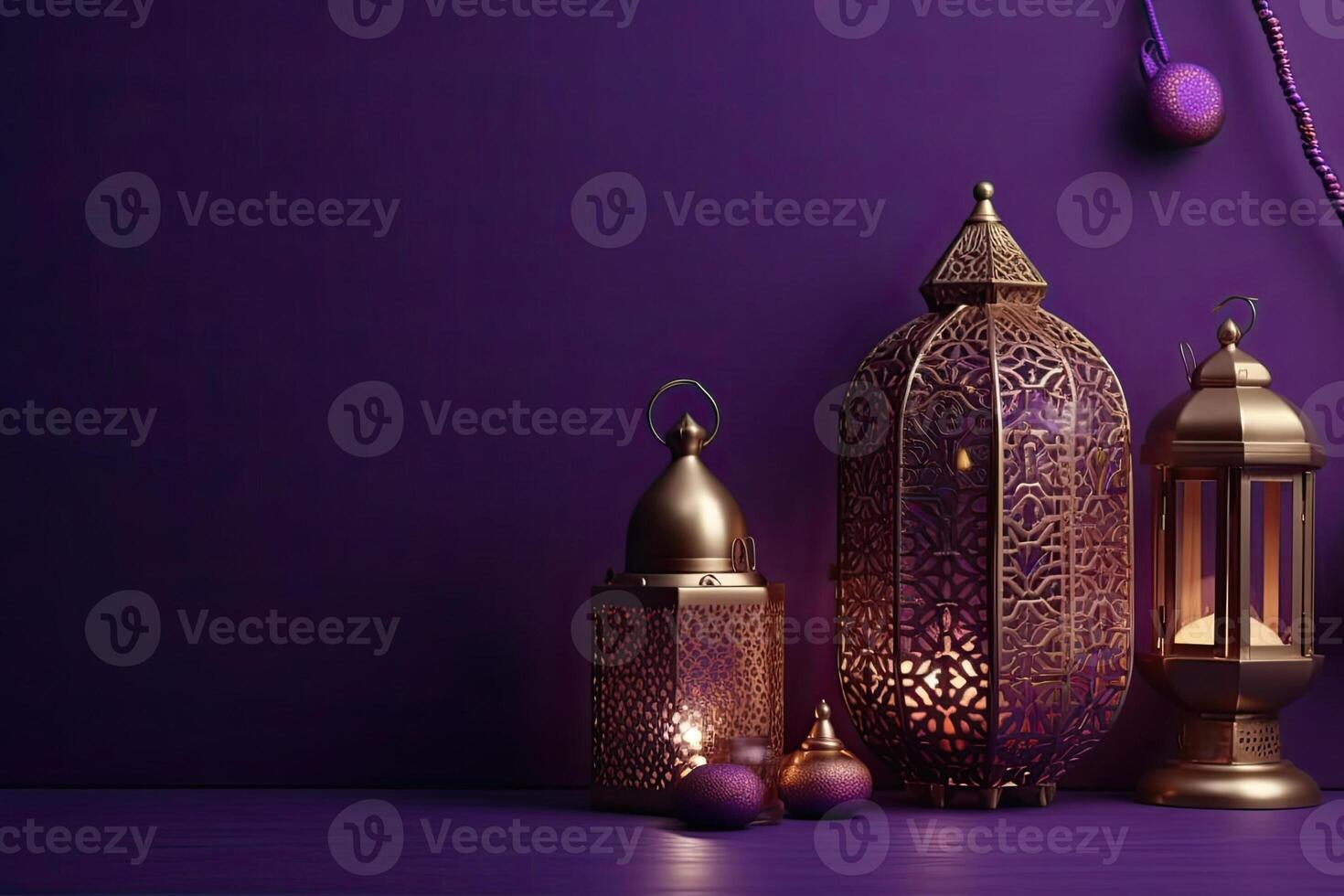 Islamic lantern golden and purple luxury ornament ramadan kareem celebration Background photo