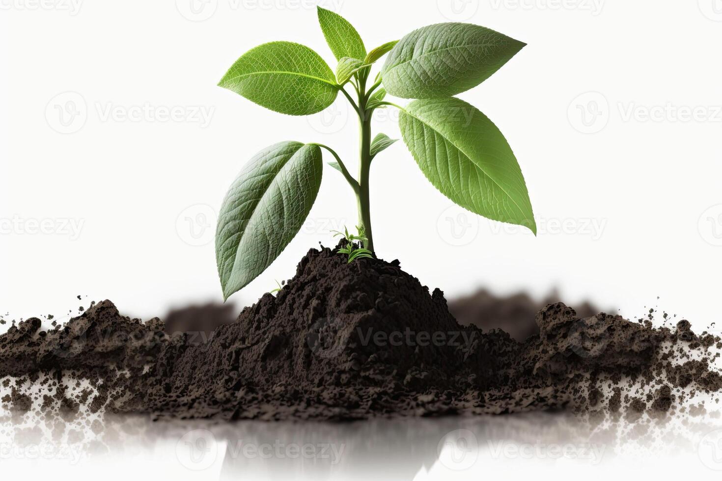 Growing plant with dirt on plain white background growth concept photo