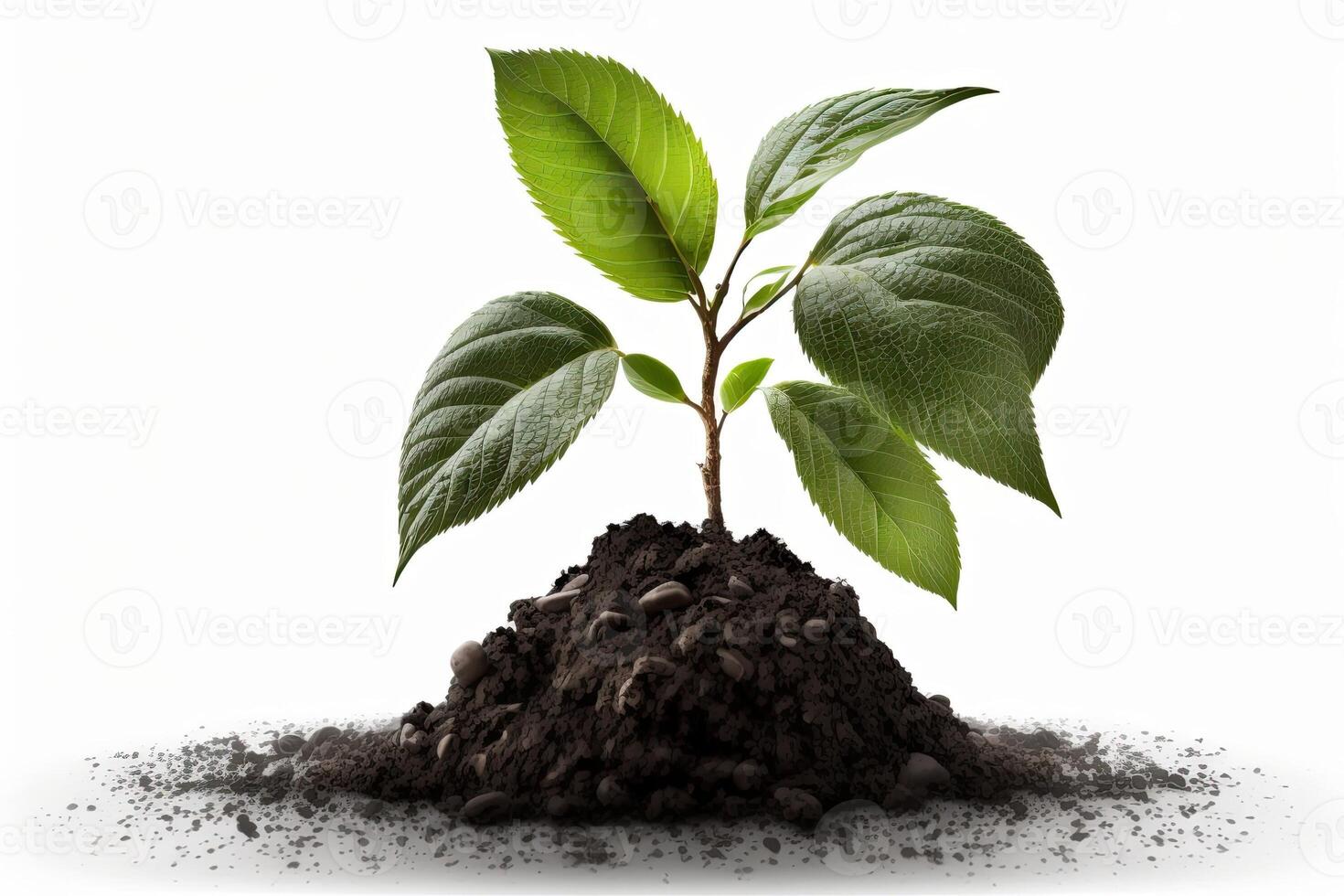 Growing plant with dirt on plain white background growth concept photo