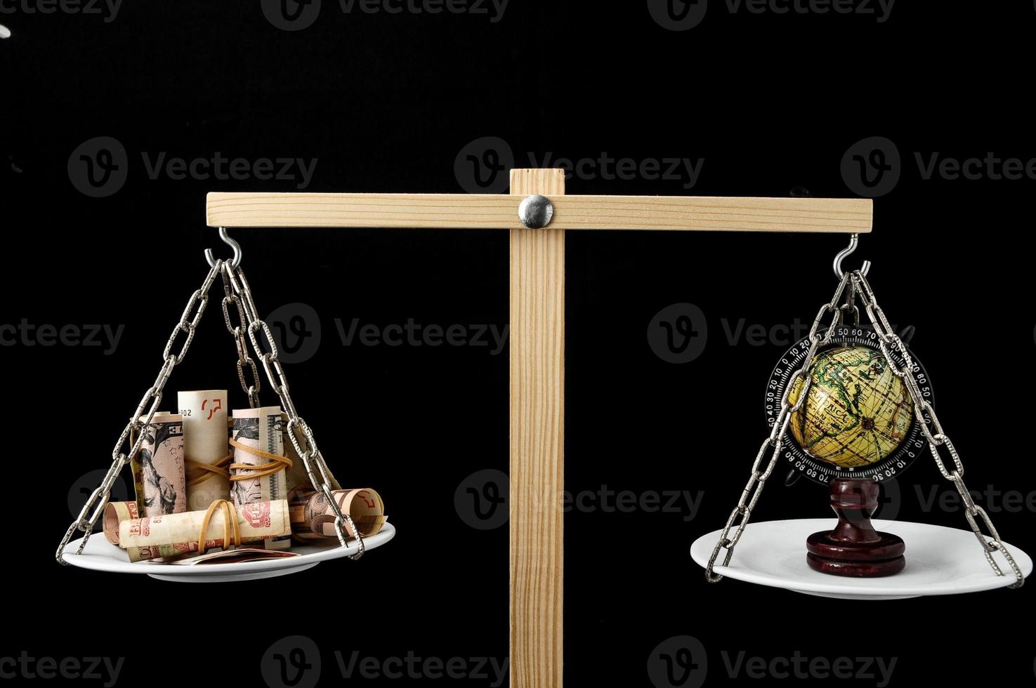 Scales weighing globe and money photo