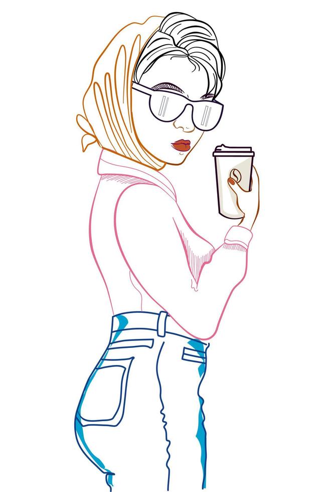 Vector illustration lineart the girl with a cup of coffee