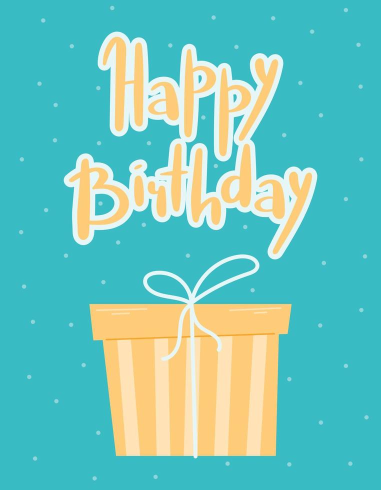 Cartoon Happy birthday vector holiday card. Flat striped gift box with bow and lettering.