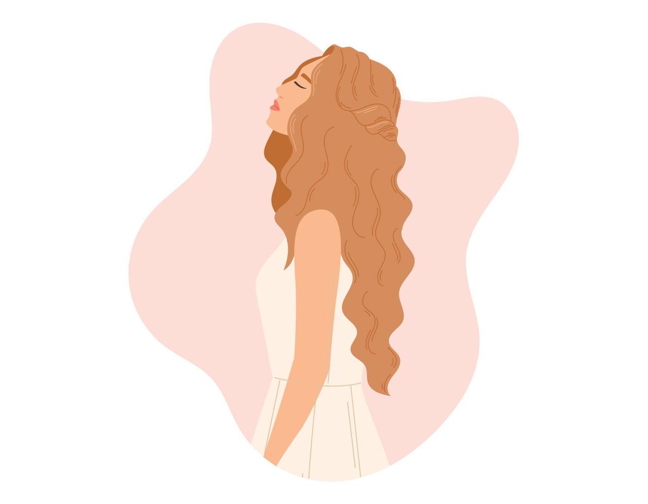 Cartoon Beautiful young woman with long wavy hair in profile in a white wedding dress. Vector flat illustration of a girl.