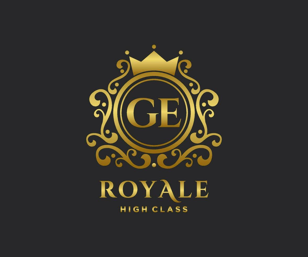 Golden Letter GE template logo Luxury gold letter with crown. Monogram alphabet . Beautiful royal initials letter. vector