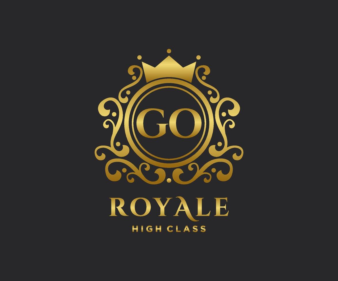 Golden Letter GO template logo Luxury gold letter with crown. Monogram alphabet . Beautiful royal initials letter. vector