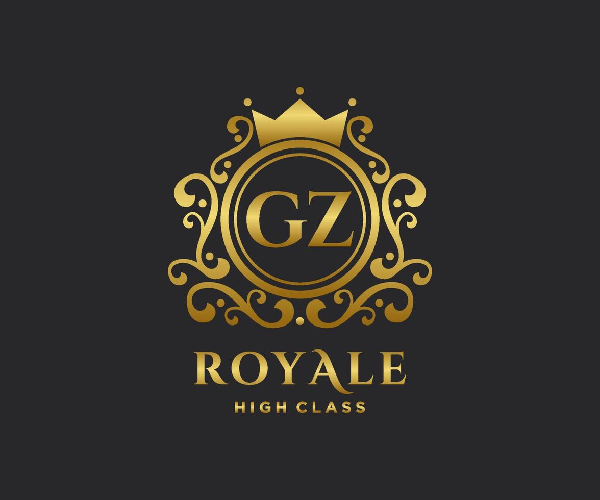 Golden Letter GZ template logo Luxury gold letter with crown. Monogram alphabet . Beautiful royal initials letter. vector