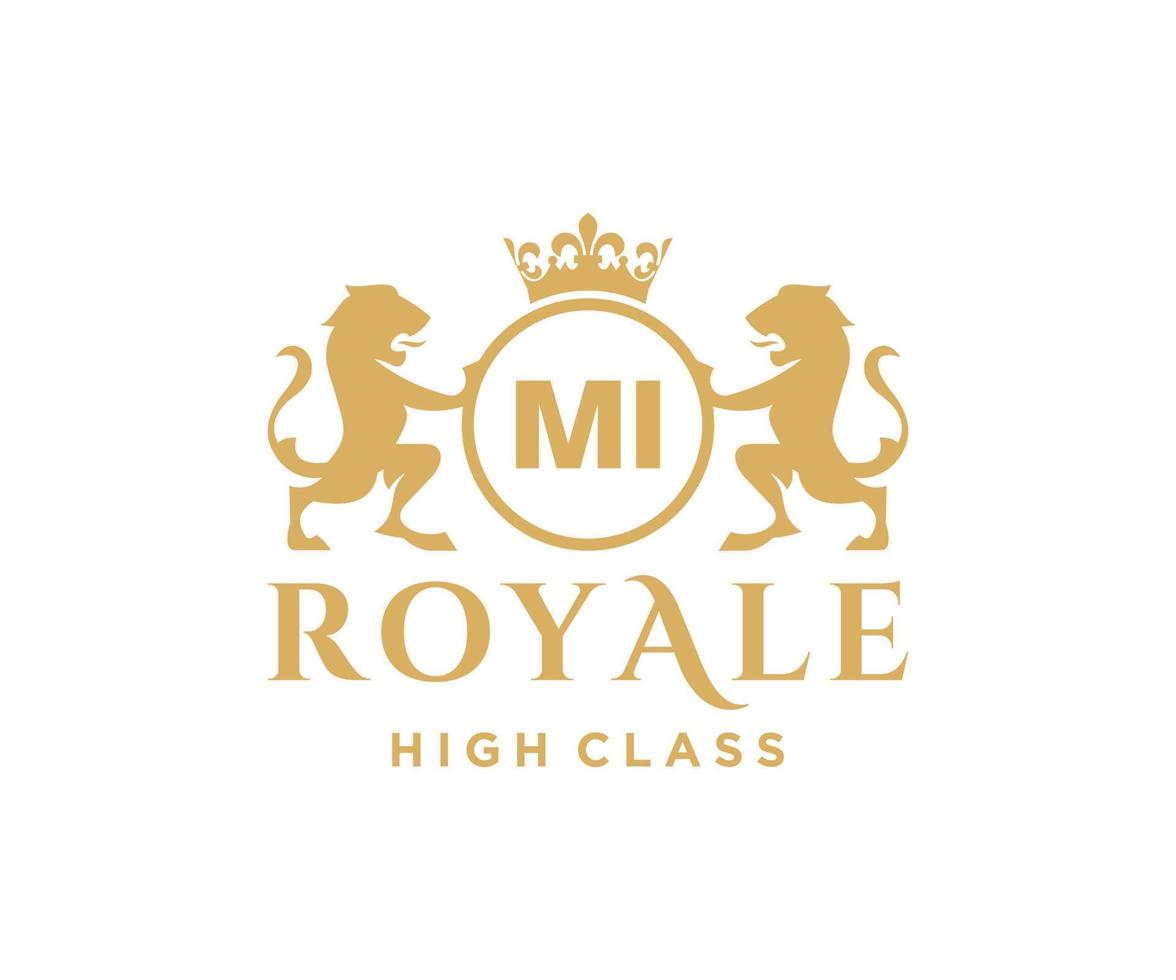 Golden Letter MI template logo Luxury gold letter with crown. Monogram alphabet . Beautiful royal initials letter. vector