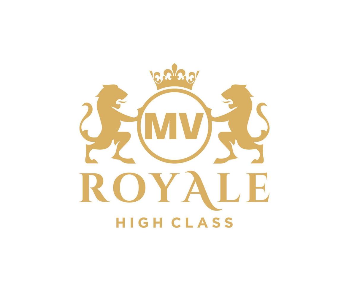 Golden Letter MV template logo Luxury gold letter with crown. Monogram alphabet . Beautiful royal initials letter. vector