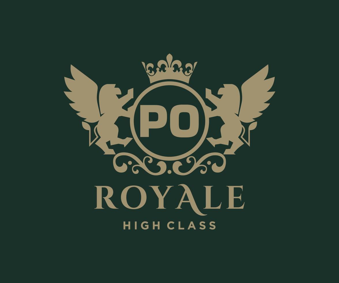 Golden Letter PO template logo Luxury gold letter with crown. Monogram alphabet . Beautiful royal initials letter. vector