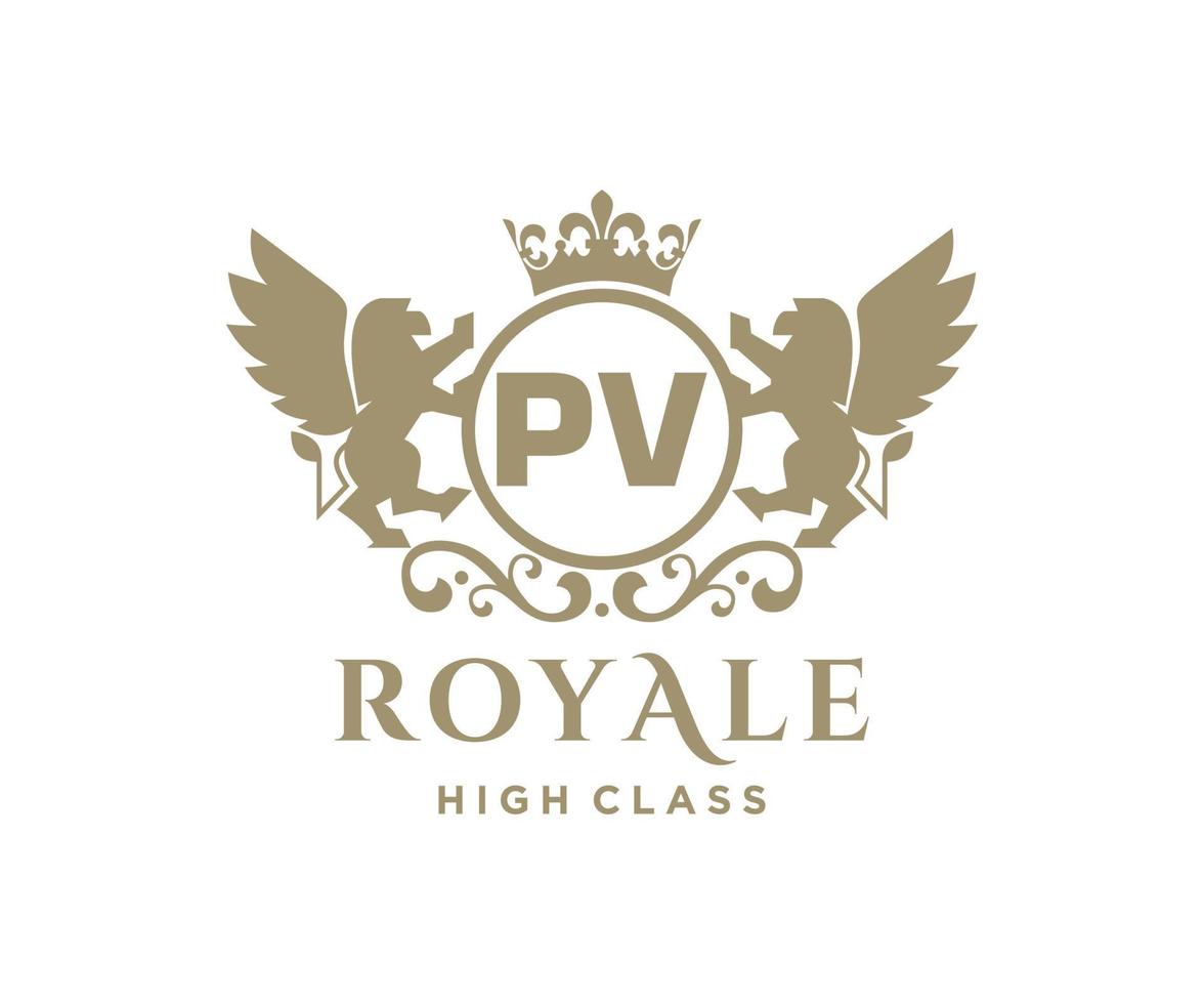 Golden Letter PV template logo Luxury gold letter with crown. Monogram alphabet . Beautiful royal initials letter. vector
