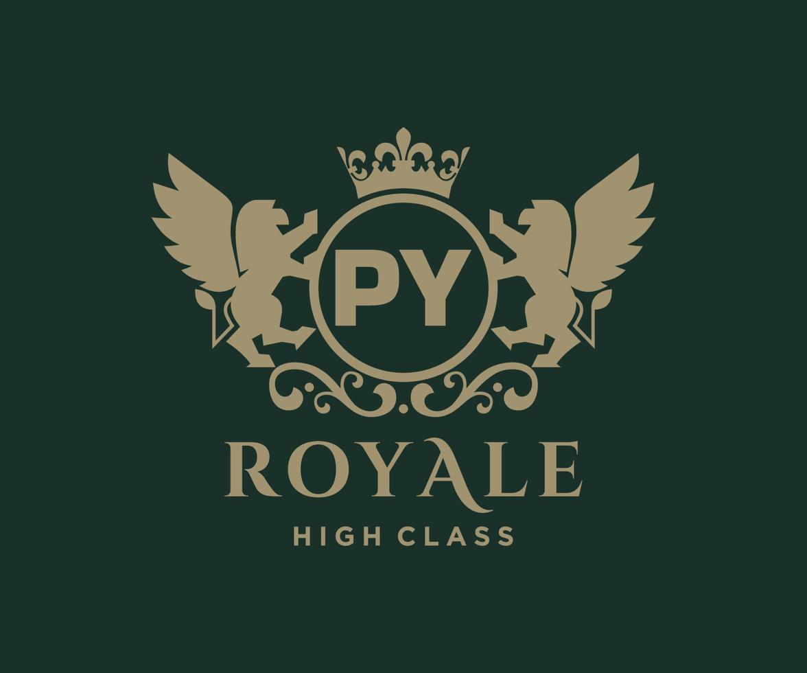 Golden Letter PY template logo Luxury gold letter with crown. Monogram alphabet . Beautiful royal initials letter. vector