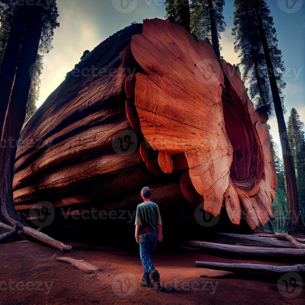 Giant felled sequoia compared to a man, big mahogany, US symbol - image photo