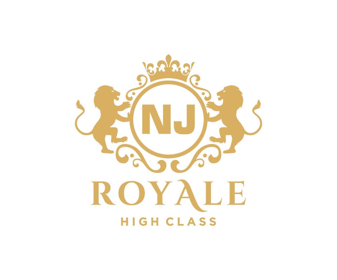 Golden Letter NJ template logo Luxury gold letter with crown. Monogram alphabet . Beautiful royal initials letter. vector