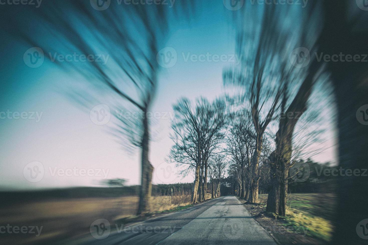 old narrow asphalt road with trees on the side of the road during a car ride in early spring photo