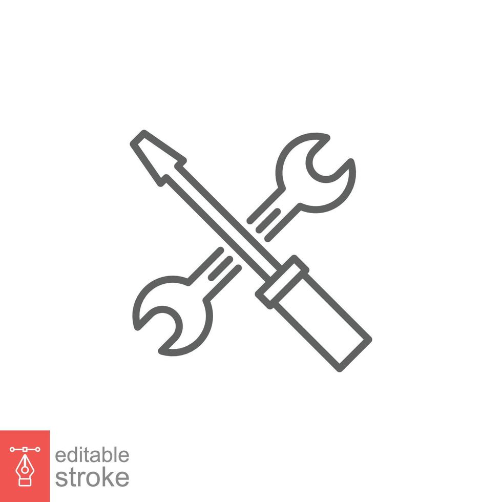 Maintenance icon. Wrench and screwdriver crossed construction tools, fix, repair concept. Simple outline style. Line symbol. Vector illustration isolated on white background. Editable stroke EPS 10.