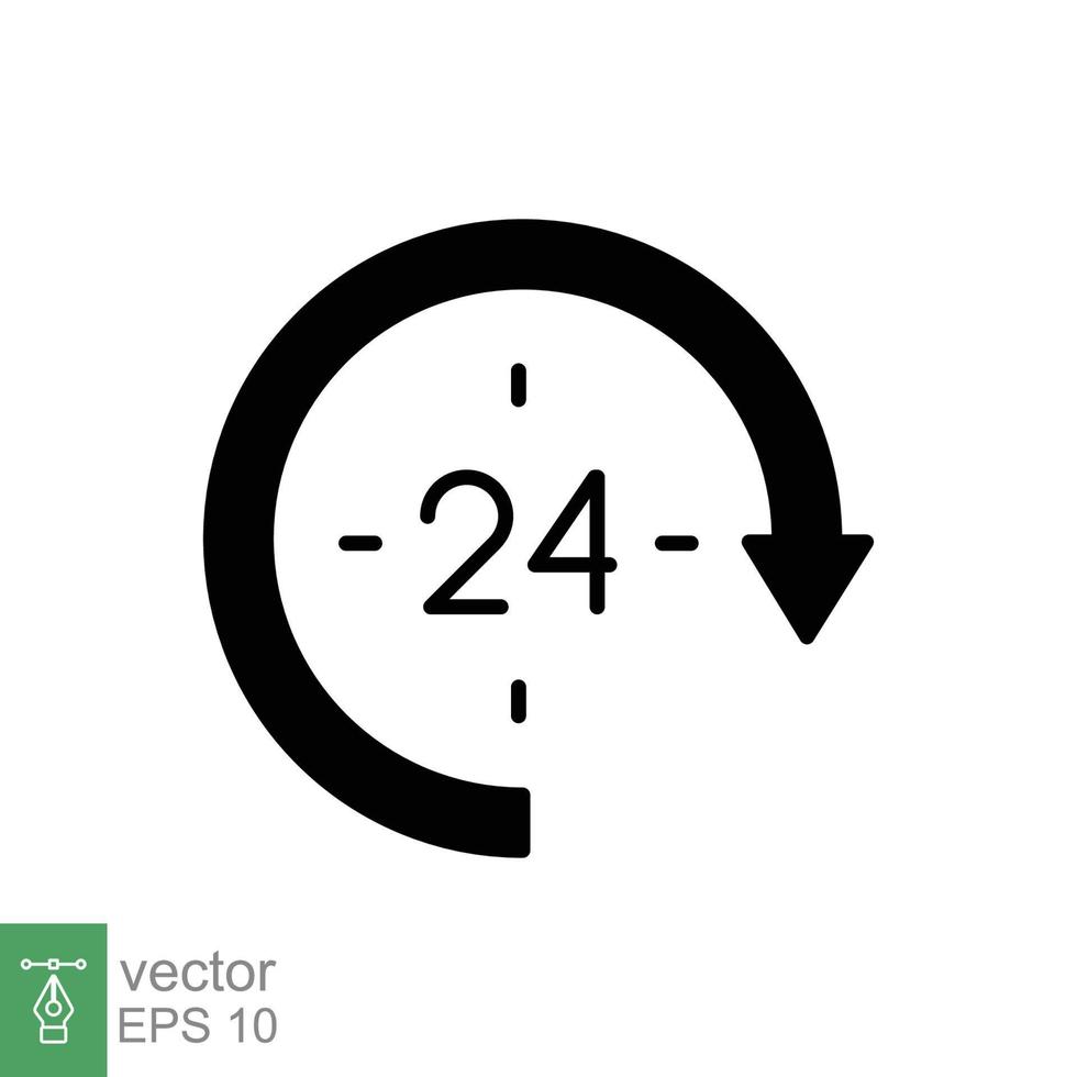 24 hour icon. Around the clock work service or support, always available concept. Simple solid style. Black silhouette, glyph symbol. Vector illustration isolated on white background. EPS 10.