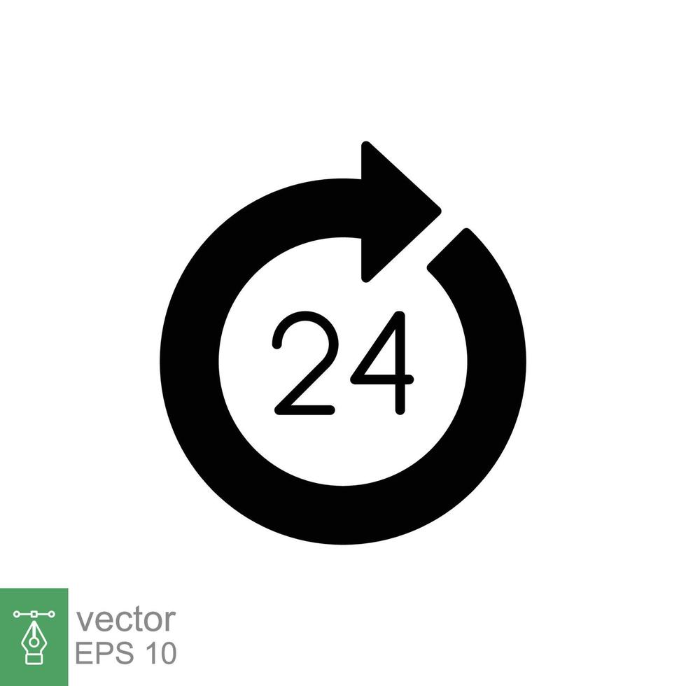 24 hora icono. alrededor el reloj trabajo Servicio o apoyo, siempre disponible concepto. sencillo sólido estilo. negro silueta, glifo símbolo. vector ilustración aislado en blanco antecedentes. eps 10