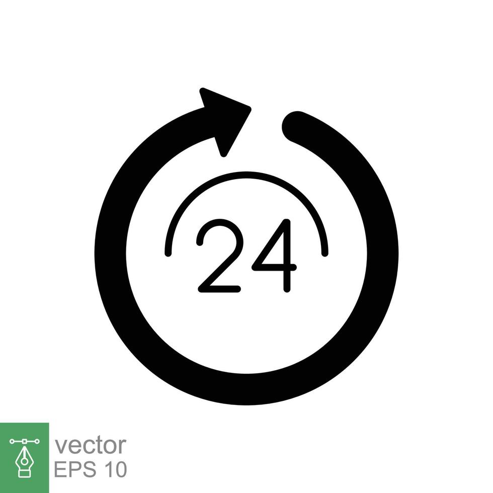 24 hour icon. Around the clock work service or support, always available concept. Simple solid style. Black silhouette, glyph symbol. Vector illustration isolated on white background. EPS 10.