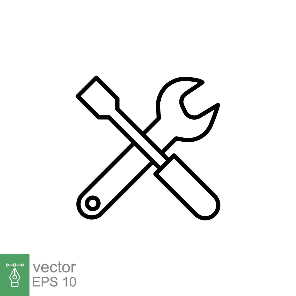 Maintenance icon. Wrench and screwdriver crossed construction tools, fix, repair concept. Simple outline style. Thin line symbol. Vector illustration isolated on white background. EPS 10.