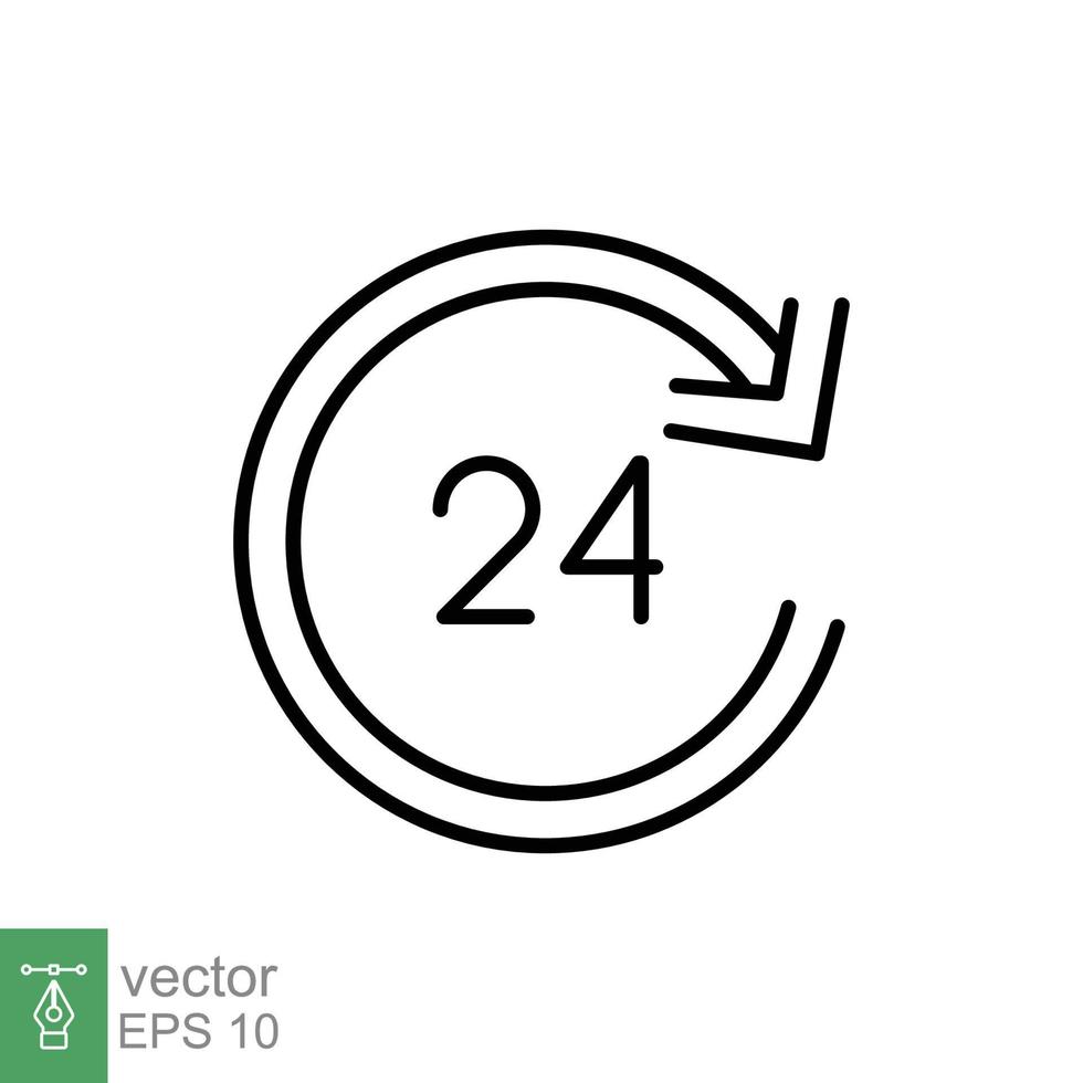 24 hour icon. Around the clock work service or support, always available concept. Simple outline style. Thin line symbol. Vector illustration isolated on white background. EPS 10.