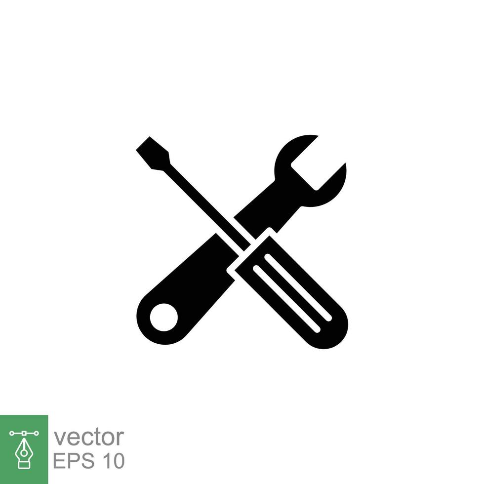 Maintenance icon. Wrench and screwdriver crossed construction tools, fix, repair concept. Simple solid style. Black silhouette, glyph symbol. Vector illustration isolated on white background. EPS 10.