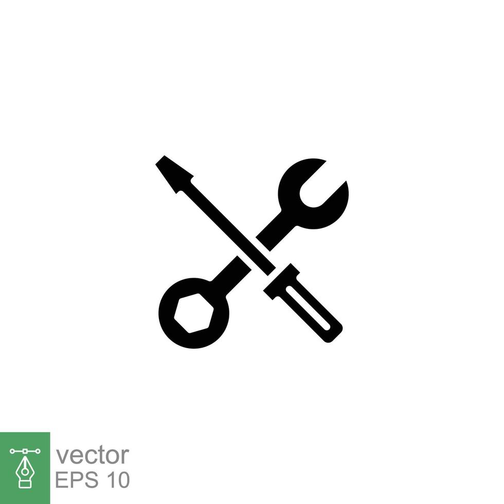 Maintenance icon. Wrench and screwdriver crossed construction tools, fix, repair concept. Simple solid style. Black silhouette, glyph symbol. Vector illustration isolated on white background. EPS 10.