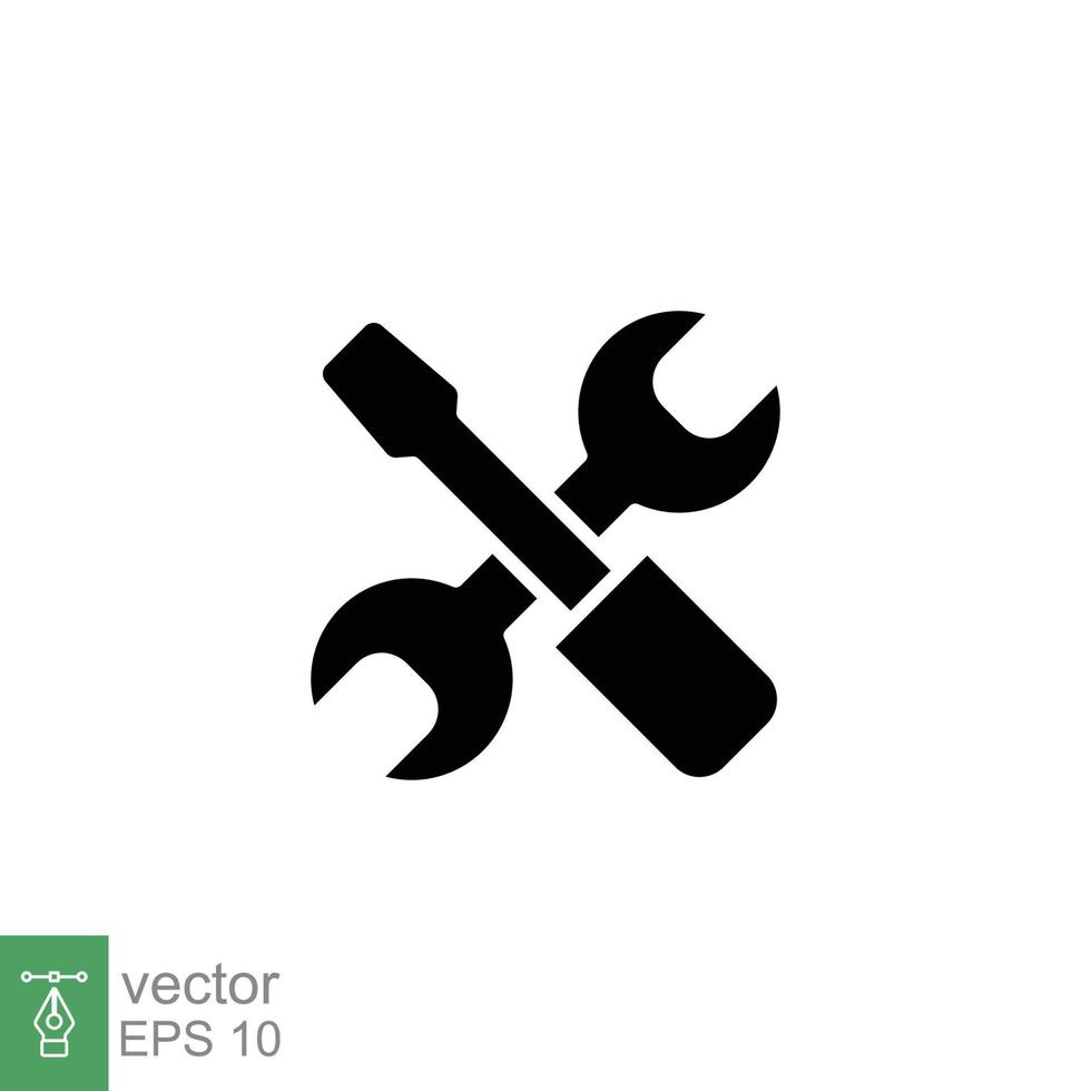 Maintenance icon. Wrench and screwdriver crossed construction tools, fix, repair concept. Simple solid style. Black silhouette, glyph symbol. Vector illustration isolated on white background. EPS 10.