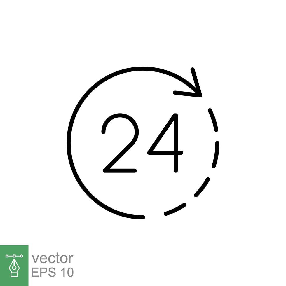 24 hour icon. Around the clock work service or support, always available concept. Simple outline style. Thin line symbol. Vector illustration isolated on white background. EPS 10.