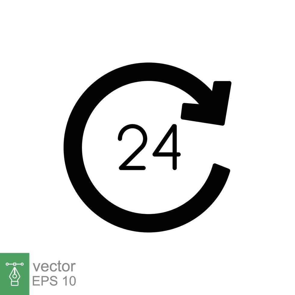 24 hour icon. Around the clock work service or support, always available concept. Simple solid style. Black silhouette, glyph symbol. Vector illustration isolated on white background. EPS 10.