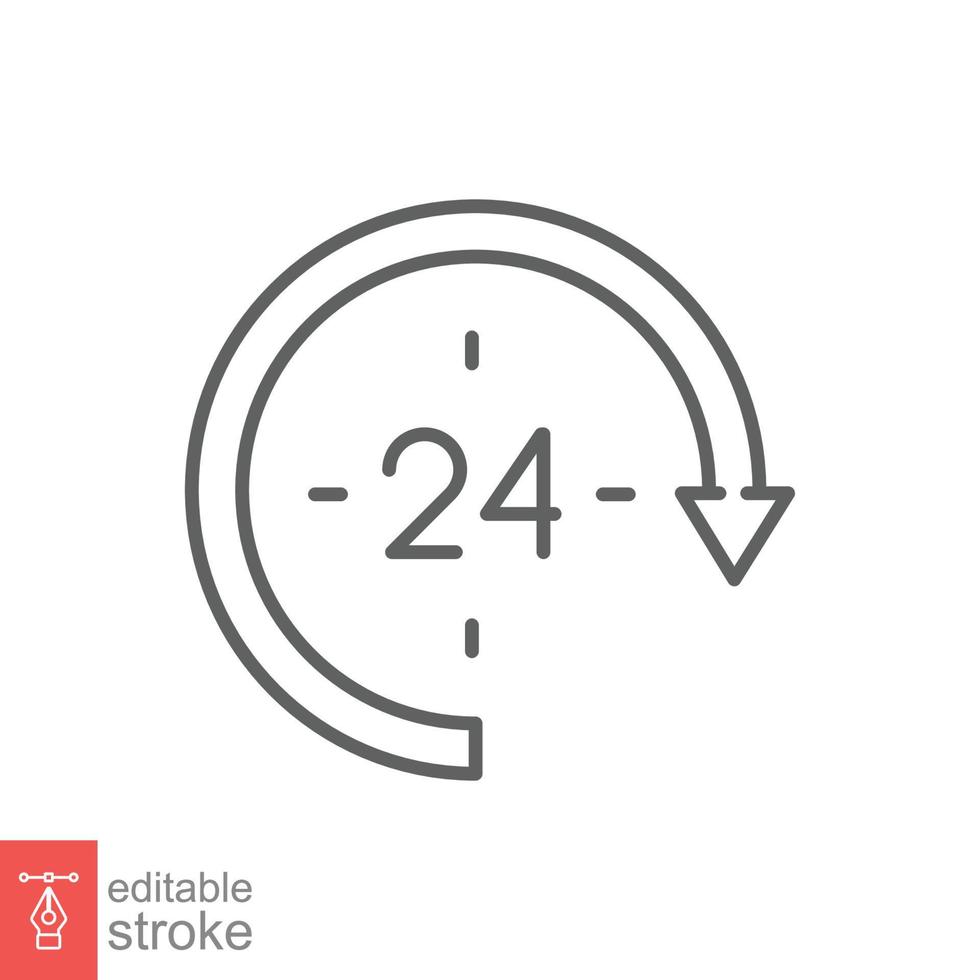 24 hour icon. Around the clock work service or support, always available concept. Simple outline style. Thin line symbol. Vector illustration isolated on white background. Editable stroke EPS 10.