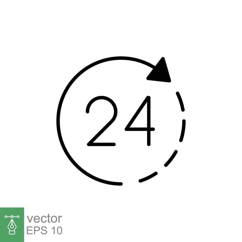 24 hour icon. Around the clock work service or support, always available concept. Simple solid style. Black silhouette, glyph symbol. Vector illustration isolated on white background. EPS 10.