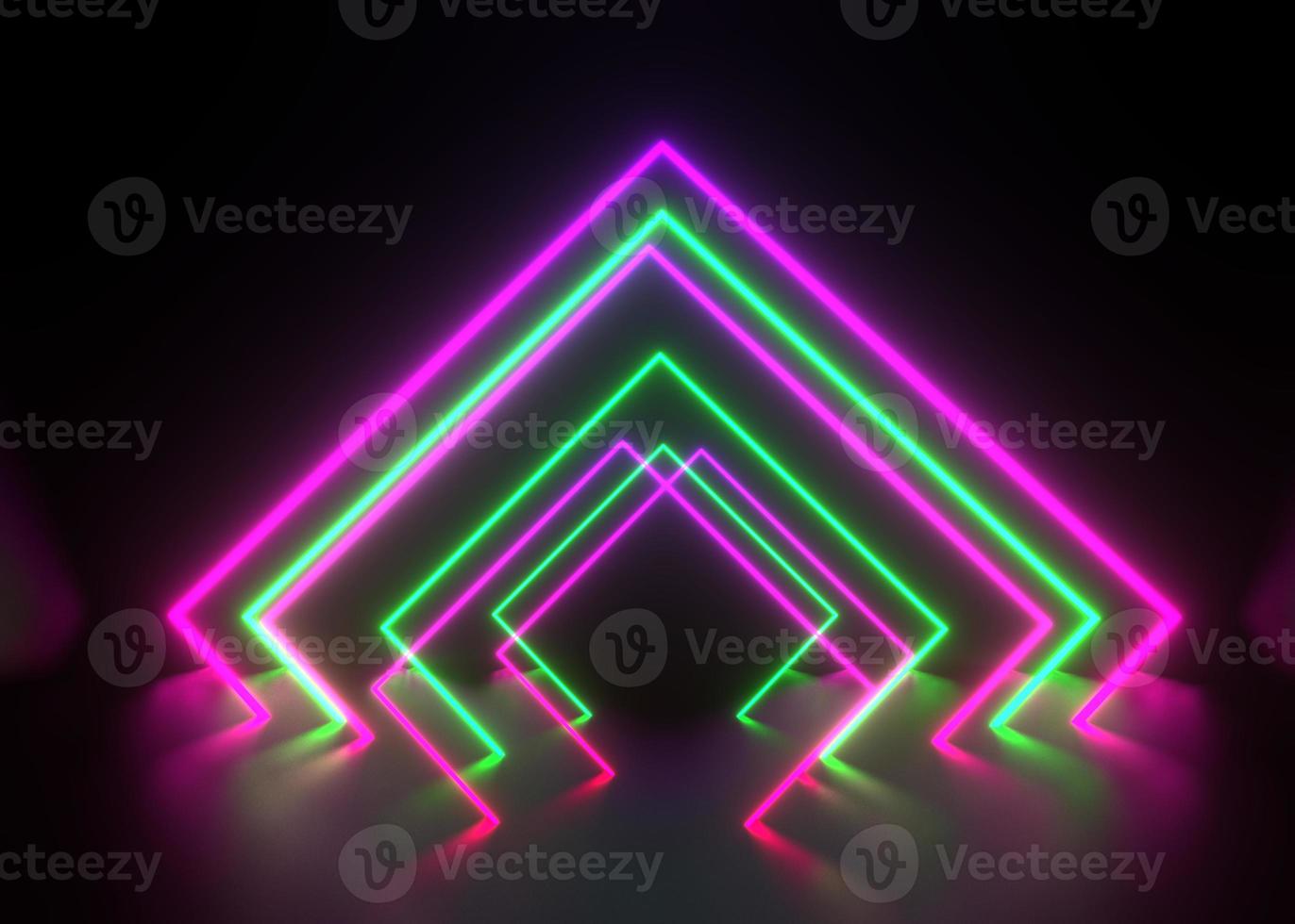 3d render, ultraviolet neon triangular portal, glowing lines, tunnel, corridor, virtual reality, abstract fashion background, violet, white and blue neon lights. photo