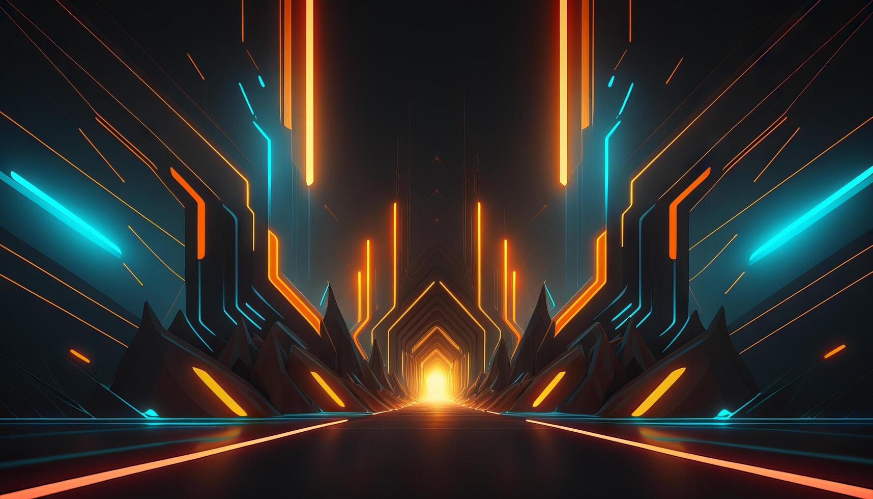 Rendering abstract futuristic background with glowing neon blue and orange lights. photo