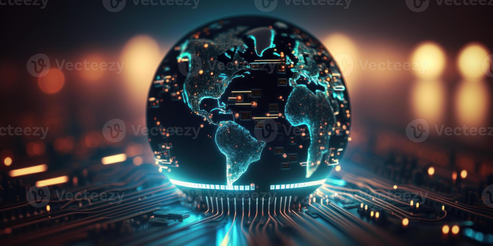 Futuristic cyber earth background, Digital world and Global network connection. photo