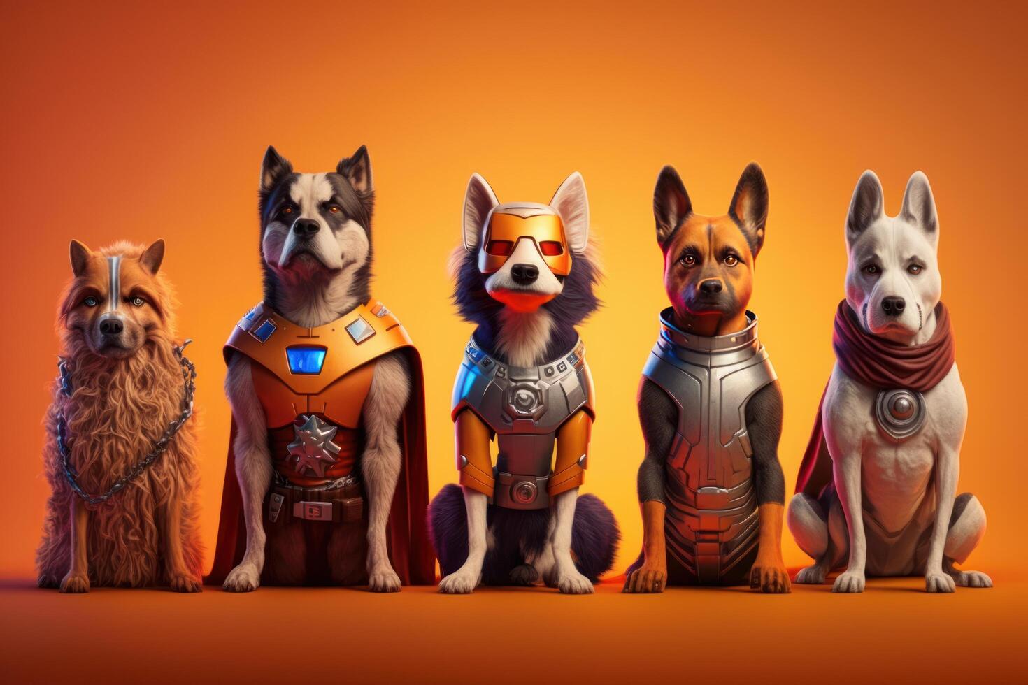 Gang of dog as superheroes with cape on orange background. Created photo